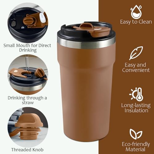SPLMIFA Travel Coffee Mugs Leak-Proof, Reusable Coffee Cups with Lids, Stainless Steel Vacuum Insulated Coffee Tumblers, Thermal Insulation Cups for Men and Women Hot & Cold Drinks(4th-Brown, 16OZ)