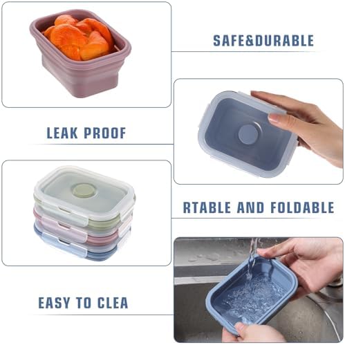 6 Pcs Silicone Food Containers 11.8 oz Collapsible Storage Containers with Airtight Lids Stacking Meal Prep Lunch Leftover Food fruits Storage Foldable Box for Freezer Microwave Dishwasher Safe