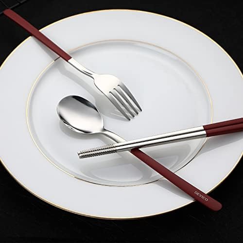 DEVICO Travel Utensils with Case, 4Pcs Portable Silverware Set for Work, 18/8 Stainless Steel Reusable Cutlery, Korean Spoon and Chopsticks Fork for Camping, School, Lunch Box Accessories (Red)