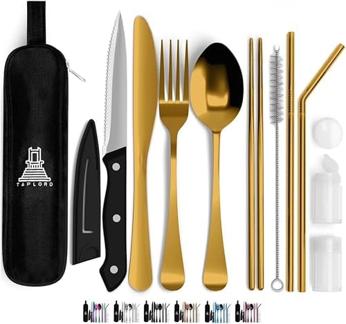 Taplord Portable Travel Silverware Set With Case, Includes 10 Pcs of Travel Utensils With Case, Stainless Steel Flatware Set For Camping, Lightweight (Gold)