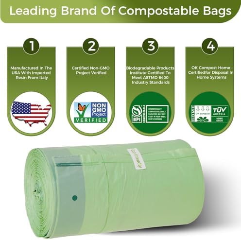13 Gallon Compostable Trash Bags with Flat-Top, Thick 0.87 Mil, 49.21 Liter, 50 Bags, Tall Kitchen Food Scrap Waste Bag, ASTM D6400, US BPI and OK Compost Home Certified