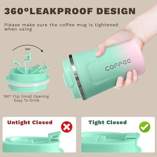 SPLMIFA Travel Coffee Mug Leak-Proof, Reusable Coffee Cups with Lids, Stainless Steel Vacuum Insulated Coffee Tumblers, Thermal Insulation Cup for Men and Women Hot & Cold Drinks(2nd-Green Pink, 12OZ)
