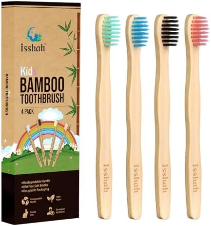 Isshah Kids Bamboo Toothbrushes Biodegradable Handle BPA Free Eco Friendly Children Size, Pack of 4