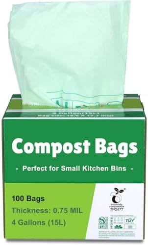 100% Compostable Bags, 4 Gallon (15L) Food Scraps Yard Waste Bags, Extra Thick 0.75 Mil. ASTM D6400 Compost Bags Small Kitchen Trash Bags, 100 Count Certified by BPI & TUV EU