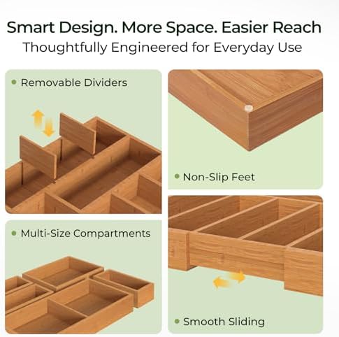 keechee 6-Piece Bamboo Drawer Organizer Set, 2.2" Deep Multi-Use Organizers for Utensils, Silverware, Cutlery, Desk, Bathroom, Junk Drawer & Makeup, Non-Slip Feet Included.
