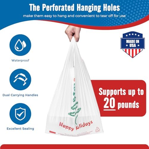 Fuxury 1000 Count Happy Holiday Christmas Tree Plastic Bags with Handles