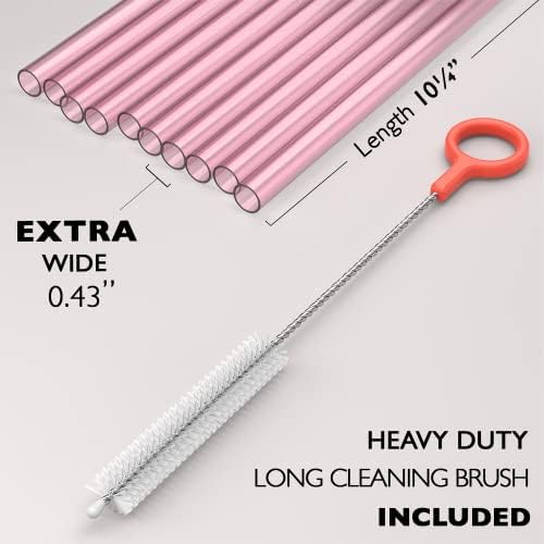 Fiesta First 10 EXTRA WIDE Long Reusable Hard Plastic Drinking Straws + Cleaning Brush - Fat Thick Large Jumbo Straws for Smoothies and Milkshakes - Pink - Dishwasher Safe BPA Free