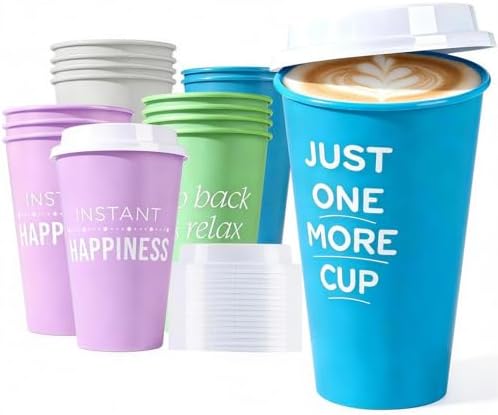Plastic Reusable Coffee Cups with Lids, 15 Pack