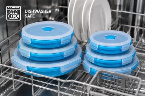 Plus 6PCS Foldable Silicone Food Storage Containers for Kitchen Storage for Leftovers Fruits and Meal Prep Dishwasher Safe Microwave Safe Ideal for Home and Travel (blue, round)