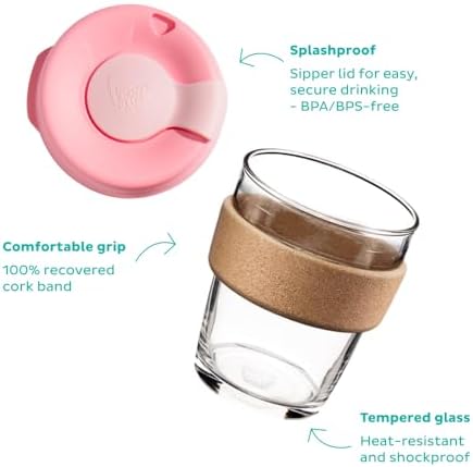 KeepCup Brew Cork - Reusable Coffee Cup Tempered Glass and Natural Cork, M 12oz/340ml - Black (Pack of 10)