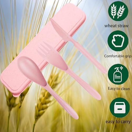 2Pack Pink Wheat Straw Travel Cutlery, BPA Free Utensils with Storage Case