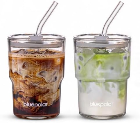BLUEPOLAR 13oz/400ml Glass Water Tumbler with Straw and Lid Sealed Carry On Thick Wall Iced Coffee Cup Glass Cup for Water, Iced Tea Fruit Juice Etc (White-2Pack)