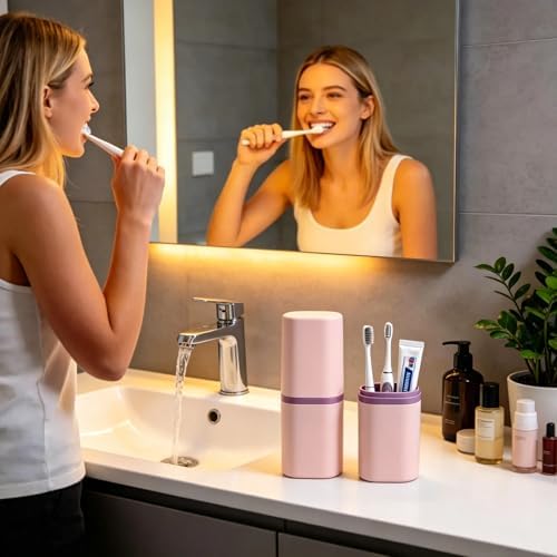Travel Toothbrush Case - 2 in 1 Portable Travel Toothbrush Holder with Mouthwash Cup, Dustproof Toothbrush and Toothpaste Case for Traveling Camping Business Trip Dorm Bathroom