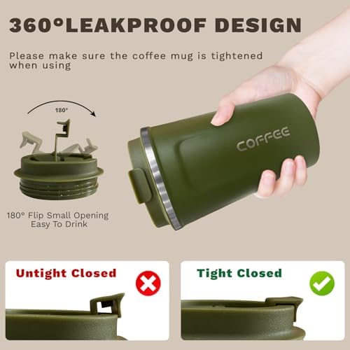 SPLMIFA Travel coffee mugs leak-proof, reusable coffee cups with lids, stainless steel vacuum insulated coffee tumblers, thermal insulation cups for men & women keep drinks hot & cold(2nd-Green, 12OZ)