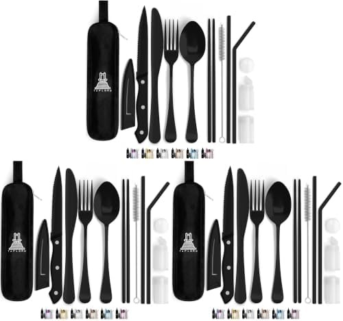 Taplord Portable Travel Silverware Set With Case, Includes 10 Pcs of Travel Utensils With Case, Stainless Steel Flatware Set For Camping, Lightweight (Black) (Pack of 3)
