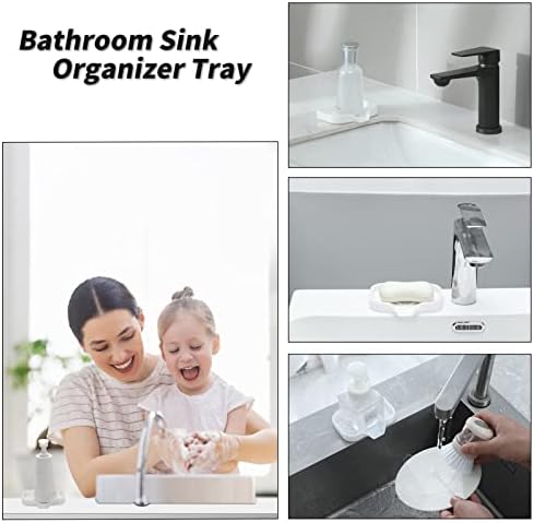 MicoYang Silicone Soap Dish with Drain Spout, Self-Draining Sink Organizer Tray for Bathroom and Kitchen, Sponges, Dispensers and Soap Holder, Non-Slip and Dishwasher Safe, White (Compact, 4.9"×3.2")