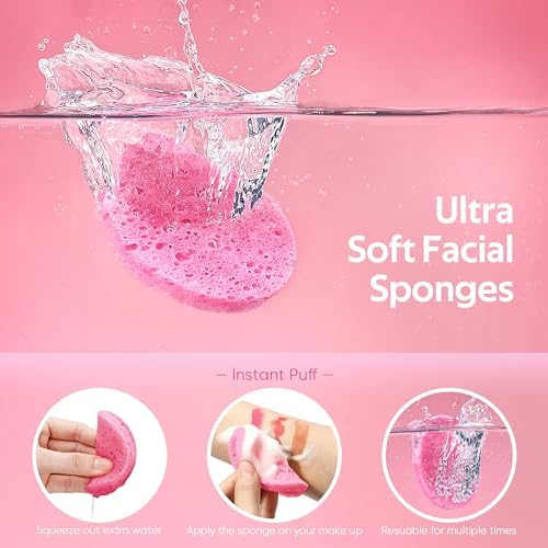 GAINWELL 50-Count Compressed Facial Sponge for Daily Facial Cleansing and Exfoliating, 100％ Natural Cosmetic Spa Sponges for Makeup Remover, Reusable, Pink