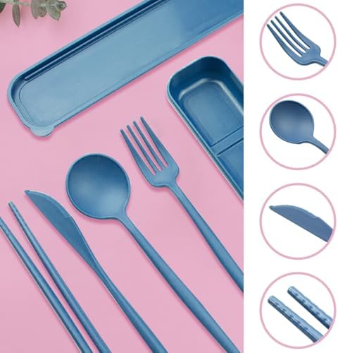 ELANE 4 Sets Reusable Travel Utensils Set with Case,Camping Cutlery Set Reusable Cutlery Set with Case,Utensil Sets for Lunch Picnic Daily Use Outdoor (darkblue)