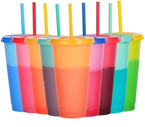 Color Changing Cups, 9 Pack 24oz Plastic Tumblers, Reusable Iced Coffee & Smoothie Cups with Lids and Straws for Parties and Travel (Colors, 9 Packs)