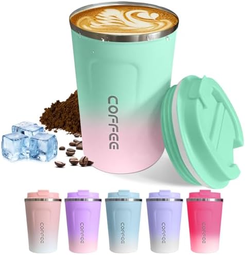 SPLMIFA Travel Coffee Mug Leak-Proof, Reusable Coffee Cups with Lids, Stainless Steel Vacuum Insulated Coffee Tumblers, Thermal Insulation Cup for Men and Women Hot & Cold Drinks(2nd-Green Pink, 12OZ)