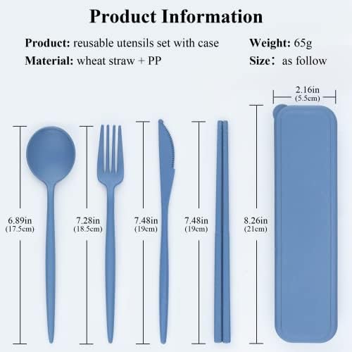 DISSKNIC Reusable Utensils Set with Case, 6 Sets Travel Utensils with Case, Wheat Straw Portable Cutlery Set Chopsticks Knives Fork and Spoon for Lunch Box Accessories