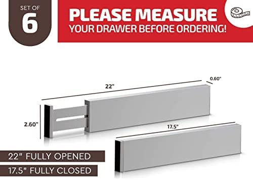 Bambüsi Bamboo Drawer Dividers 6 Pack - Deep Drawer Organizer, Adjustable 16 to 22 Inch Expandable Dividers, 2.6 Inch High Wood Separators for Kitchen, Clothes, Bedroom, Bathroom, Office - Grey
