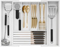 Bamboo Kitchen Silverware Drawer Organizer - Expandable Wood Utensil Holder with Dividers, Luxury Cutlery Storage Tray for Kitchen Utensil and Flatware (5-7 Slots with Removable Knife Block, (White)