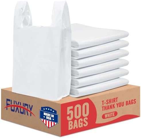 Fuxury 500 Pack Plain White Plastic Bags with Handles for Small Business