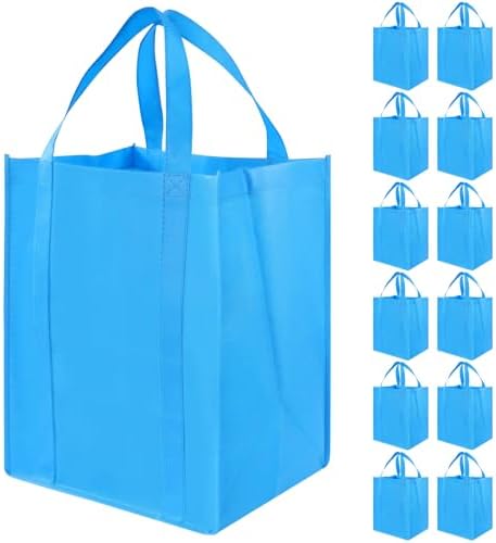12 Pack Heavy Duty Reusable Grocery Bags - Large Shopping Totes Reinforced Handles, Holds 40 lbs, Foldable and Washable (Sky Blue)