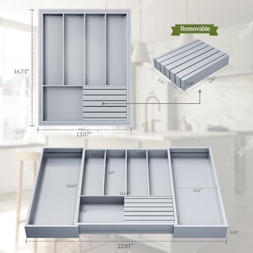 Bamboo Kitchen Silverware Drawer Organizer - Expandable Wood Utensil Holder with Dividers, Luxury Cutlery Storage Tray for Kitchen Utensil and Flatware (5-7 Slots with Removable Knife Block, Grey)