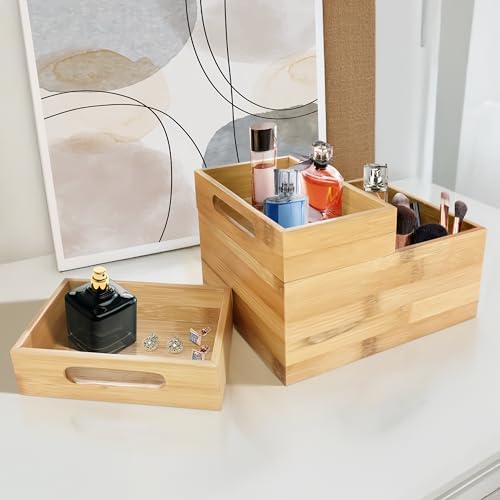 HOMESTEAD 3-Piece Stackable Bamboo Storage Box, Large Storage Bin, Wooden Boxes for Makeup Drawer Organizer Bathroom, Office Supplies, Kitchen Utensils, Bamboo Storage Containers (Medium)