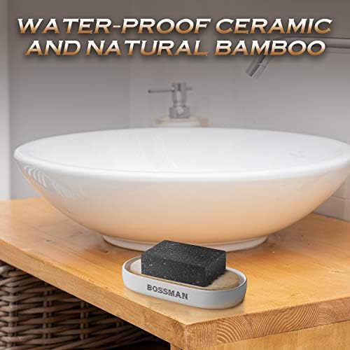 Bossman Natural Bamboo Bathroom Soap Dish w/ Premium Ceramic Base - White