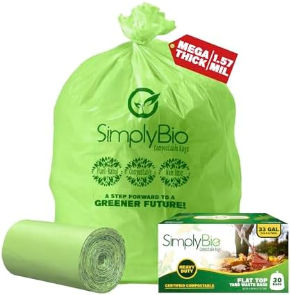 Simply Bio 30-33 Gallon Compostable Trash Bags Liners Flat-Top, Heavy Duty Extra Thick 1.57 Mil, 124.92 Liter, 30 Bags, Lawn, Yard, and Restaurant Use, ASTM D6400, US BPI, OK Compost Home Certified