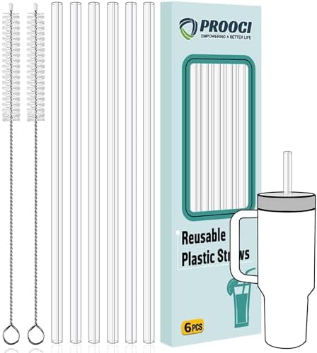 6-Pack 12" Replacement Straws for Stanley & Yeti 30oz-40oz Cup Tumbler, PROOCI Food Grade Tritan Plastic Reusable Straws with 2 Cleaning Brush, Clear Long Straw for Drinking Smoothie, Cocktails, Juice