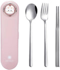 DEVICO Travel Utensils with Case Cute, Reusable Silverware for Lunch, 4Pcs Portable Cutlery Set, 18/8 Stainless Steel Fork Spoon Chopsticks in Cartoon Case, Dishwasher Safe (Pink)