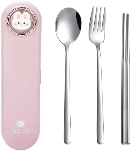 DEVICO Travel Utensils with Case Cute, Reusable Silverware for Lunch, 4Pcs Portable Cutlery Set, 18/8 Stainless Steel Fork Spoon Chopsticks in Cartoon Case, Dishwasher Safe (Pink)