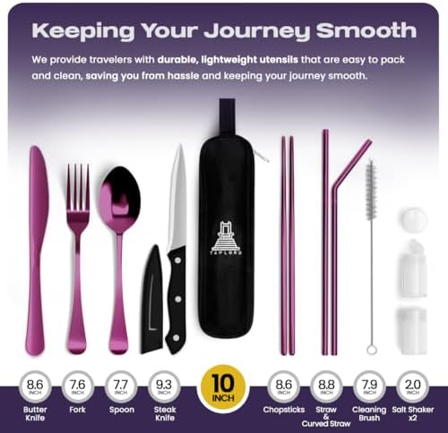 Taplord Portable Travel Silverware Set With Case, Includes 10 Pcs of Travel Utensils With Case, Stainless Steel Flatware Set For Camping, Lightweight (Purple)