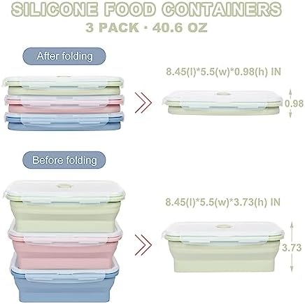 KIGI 【3 PACK】 40.6OZ Collapsible Silicone Bento Box Food Storage Containers with Lids Airtight Meal Prep Containers,Microwave Safe