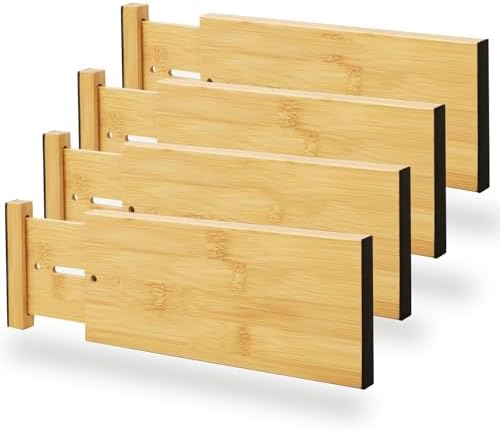 BAMEOS 4" High Bamboo Drawer Dividers - Adjustable Small Drawer Organizer - Kitchen, Dresser, Bathroom, Bedroom & Office - 4-pack