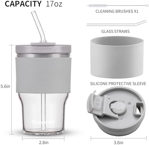 Glass Cups with Lids and Straws,16oz/480ml Reusable Iced Coffee Glasses & Juice Bottles,Cold Brew Tumblers with Leakproof Lids,BPA-Free Glass Jars for Juicing,Matcha,Tea,Smoothie (Grey with Sleeve)