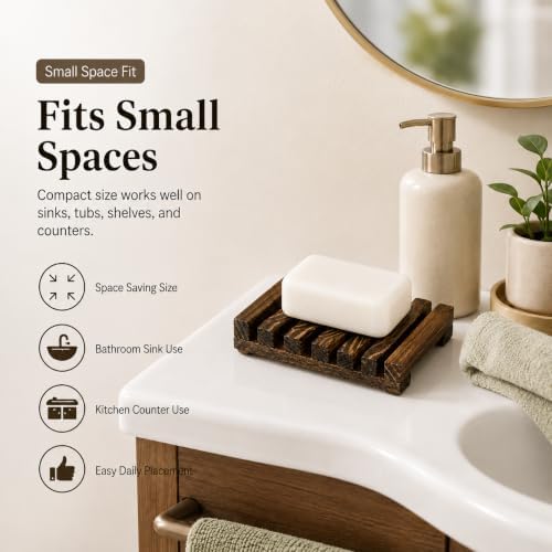 Bamboo Soap Dish for Bar Soap, Raised Wooden Holder with Drain Slots，Carbonized Pine Wood Soap Box