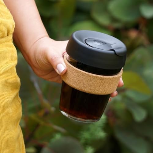 KeepCup Brew Cork, Reusable Glass Tumbler with Natural Cork, Grande Coffee Cup 16oz / 454ml - Black