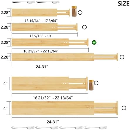 BAMEOS Bamboo Expandable Drawer Dividers – Fits 16.6"–22" Drawers, 2" High, Set of 4 | Spring-Loaded Bamboo Separator for Kitchen Island, Bathroom Vanity & Dresser Drawers