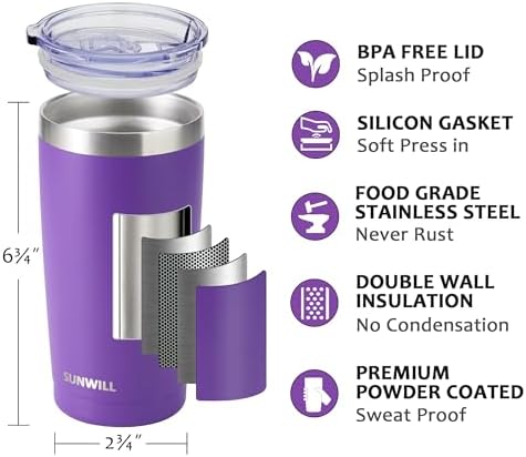 SUNWILL Travel Coffee Tumbler 20 oz, Insulated Mug with Lid, Stainless Steel Cup for Hot and Cold Drinks, Powder Coated Purple