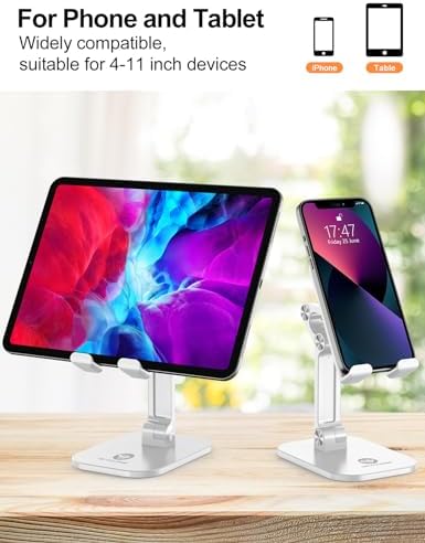 OCYCLONE Phone Stand, Adjustable Height and Angle Foldable Cell Phone Stand Holder for Desk, Taller iPhone Stand Compatible with 4.7"-13" Smartphones iPad Tablet, White