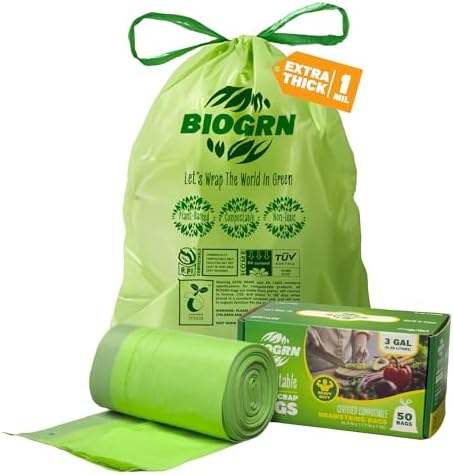 2.6-3 Gallon Compostable Trash Bags Drawstring 50 Bags Extra Thick 1 Mil 11.36 Liter Small Biodegradable Trash Bags for Kitchen Countertop Bin ASTM D6400, US BPI and OK Compost Home Certified