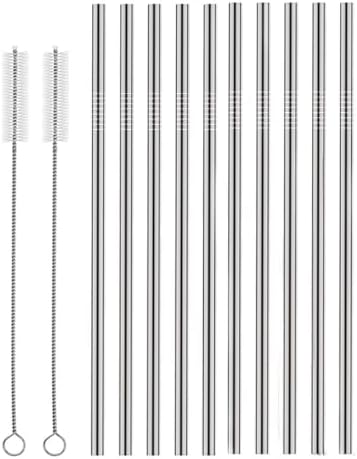 Set of 10 Stainless Steel Straws, HuaQi Straight Reusable Drinking Straws 10.5'' Long 0.24‘’ Dia for 30 oz Tumbler and 20 oz Tumbler, 2 Cleaning Brush Included (10 Straight Straw + 2 Brushes）