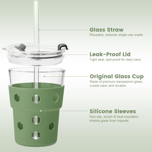 Mrsdry 12oz Iced Coffee Cup with Lids and Straws, BPA Free Reusable Glass Coffee Cups with Silicone Sleeves for Coffee, Iced tea, Thick Wall Glass Cup