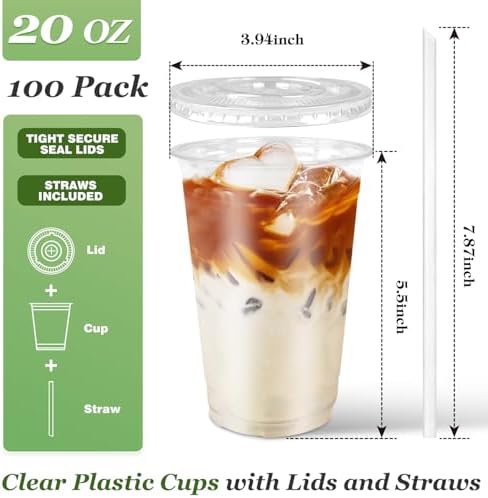 Charmount 100 Sets- 20 oz Clear Plastic Cups with Lids and Straws