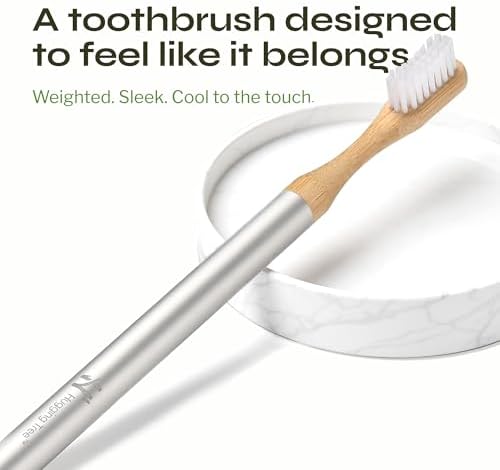 The Solo Toothbrush, Aluminum Handle Bamboo Toothbrush with Replaceable Bamboo Heads, 100% Plant-Based Castor Oil Bristles, No Nylon Bristles, Plastic-Free Handle, Natural Toothbrush for Adults
